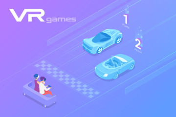 Friends Playing Car Racing in Virtual Reality VR Isometric Flat vector illustration.