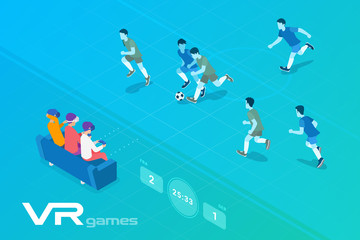 Friends Playing Isometric Football Soccer in Virtual Reality VR sitting on sofa Flat Vector Illustration.
