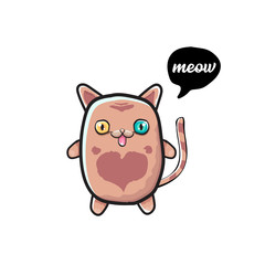 kawaii cute cat isolated on white background. Cartoon happy kitten with big eyes and speech bubble