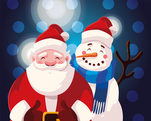 santa claus with snowman on blue background