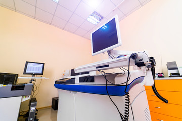 Chemical laboratory interior. Special medical equipment for analysys. Doing investigations. Modern chemical laboratory background. Side view.