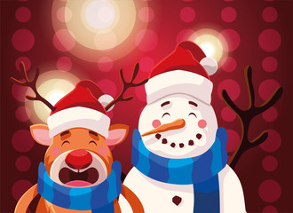 snowman with reindeer on red background