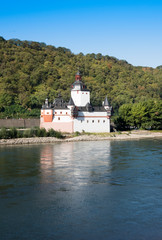 View of the Castle Pfalzgrafenstein in the middle of the Rhine seen from the small town of Kaub. Rhineland-Palatinate, Germany, Europe