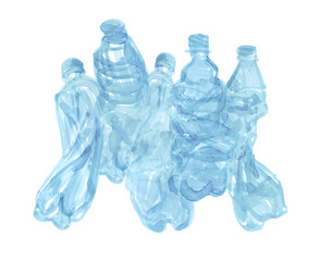 Hand drawn simple illustration of five blue plastic bottles on white background. Non-recyclable trash hand drawn illustration. Art for your design