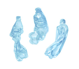 Plastic waste collection on white. Blue crumpled bottles, recyclable trash hand drawn illustration. Watercolor on paper  art