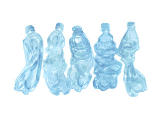 Hand drawn simple illustration of five blue plastic bottles on white background. Non-recyclable trash hand drawn illustration. Art for your design