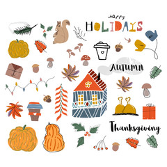 Cute autumn collection set, fall harvest season cartoon illustration clipart with different decoration elements. Happy Thanksgiving holiday