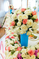 Wedding flowers concept. . Bright colors. Table decorations. Closeup.