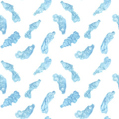 Plastic bolttles on white background seamless pattern.  Non-recyclable trash hand drawn illustration.