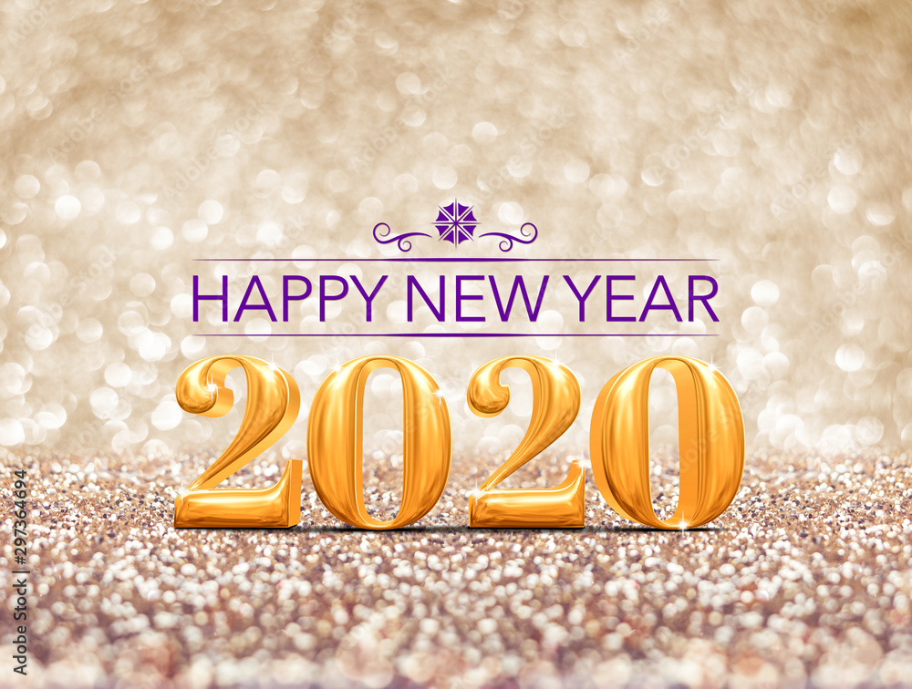Poster happy new year 2020 year gold number ( 3d rendering ) at sparkling golden glitter studio background 