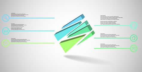 3D illustration infographic template with embossed cube randomly divided to six moved parts askew arranged