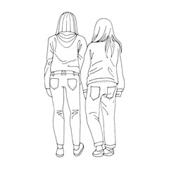 Girls hold hands. Friendship. Vector outline illustration