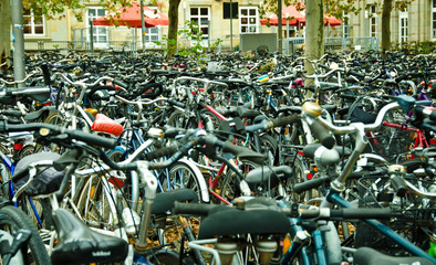 Many bicycles parking everywhere at the main station in Göttingen, Germany