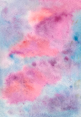 Watercolor texture, pink and blue background with streaks and splashes, design for backgrounds, wallpapers, packaging and covers