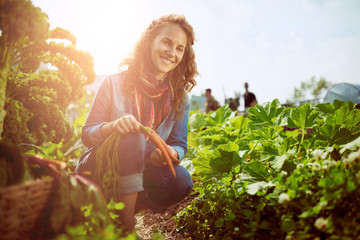 Friendly woman harvesting fresh vegetables from the rooftop gree