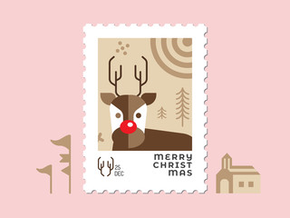 Reindeer in brown tone - Christmas stamp flat design for greeting card and multi purpose - Vector illustration