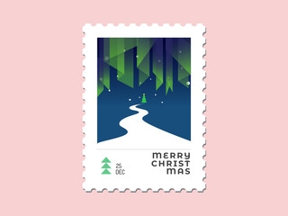 Aurora light with christmas tree and road - Christmas stamp flat design for greeting card and multi purpose - Vector illustration
