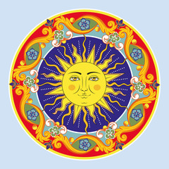Colorful ethnic round ornamental mandala. Sun with human face. Vector illustration - 297366871