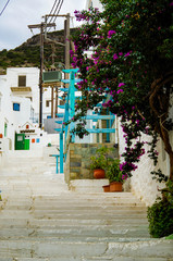White stairs in romantic backstreet alley lane alleyway street with traditional typical Greek white buildings and colorful blue white buildings and balconies on Sifnos in Greece