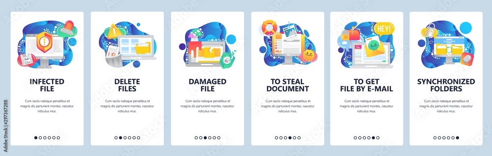 Aufkleber mobile app onboarding screens. cyber security technology, sync computer files, business documents, d