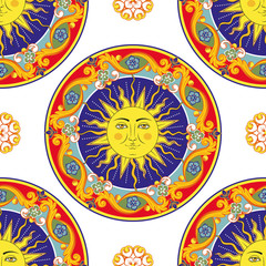 Seamless bright background. Colorful ethnic round ornamental mandala. Sun with human face symbol. Trendy pattern - obrazy, fototapety, plakaty