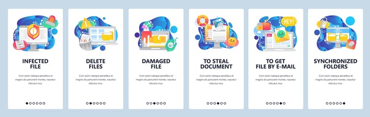 Mobile app onboarding screens. Cyber security technology, sync computer files, business documents, delete, email. Vector banner template for website and mobile development. Web site flat illustration