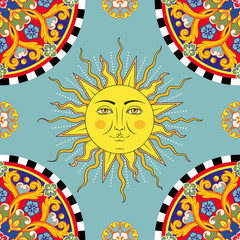 Seamless bright background. Colorful ethnic round ornamental mandala. Sun with human face symbol. Trendy pattern. Vector illustration - obrazy, fototapety, plakaty