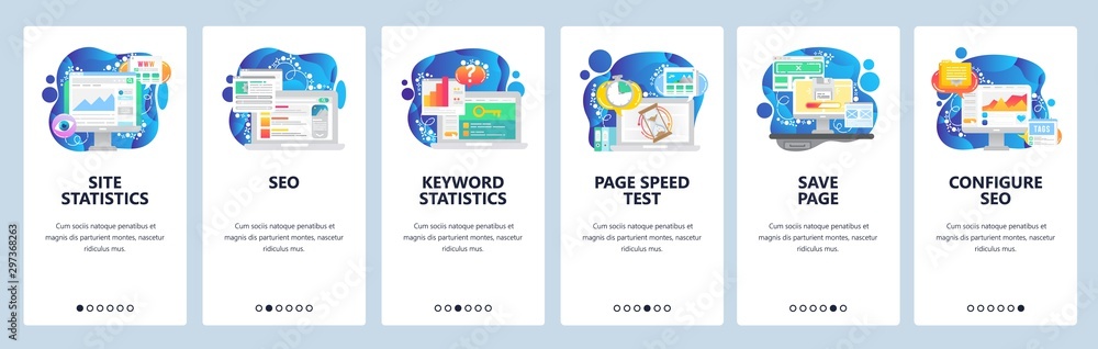 Poster mobile app onboarding screens. digital marketing charts, business analytics, seo and speed optimizat