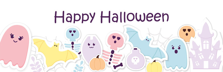 Vector Halloween Paper cut banner. Happy Halloween Calligraphy. Baby Ghost Smile, pumpkin, skull, skeleton. Funny web header, baby layout, applique.
