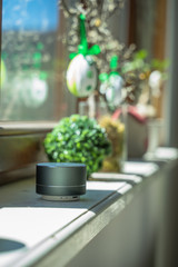 voice controlled smart speaker in a interior home environment. 