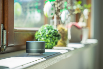 voice controlled smart speaker in a interior home environment. 