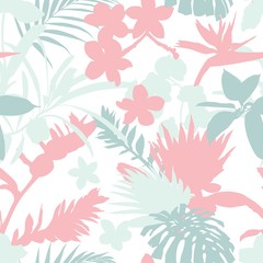 Tropic summer painting seamless pattern with exotic plants and flowers silhouette. Trendy exotic flower wallpaper on white background.