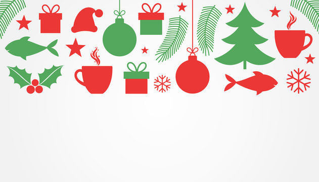 Christmas symbols, red and green background.