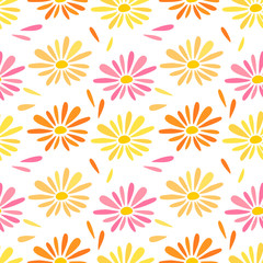 Orange, yellow and pink flowers seamless wallpaper pattern.