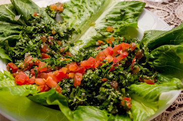 green, oriental salad with tomatoes and herbs
