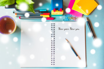New year new you concept, White diary notebook and colorful paper with pen, pencil, clips and small plant in light blue background, Snow effect
