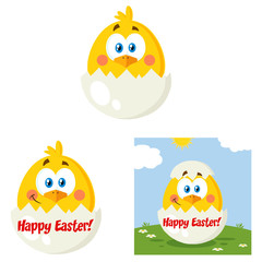 Yellow Chick Cartoon Character Set 1. Flat Vector Collection Isolated On White Background
