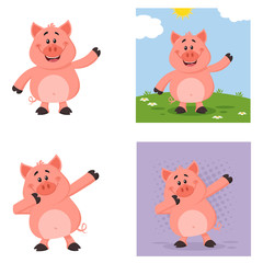 Cute Pig Cartoon Character Set 3. Flat Vector Collection Isolated On White Background