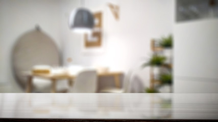 desk of free space and restaurant interior 