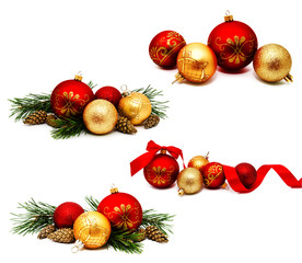 Collection of photos Christmas decoration golden yellow and red balls with ribbon fir cones and fir...