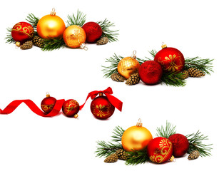 Collection of photos Christmas decoration golden yellow and red balls with ribbon fir cones and fir tree branches isolated