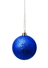 Hunging blue christmas ball isolated on a white