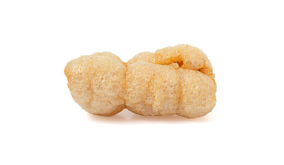 Close-up Pork snack or Pork scratching leather lean pork fried crispy and blistered isolated on the white background with clipping path, Thai food.