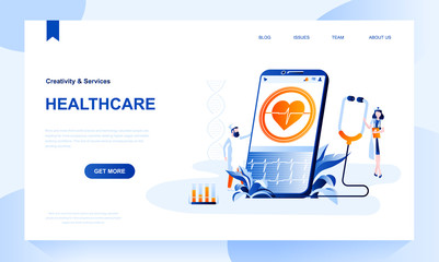 Healthcare vector landing page template with header. Medical homepage banner design with flat illustrations