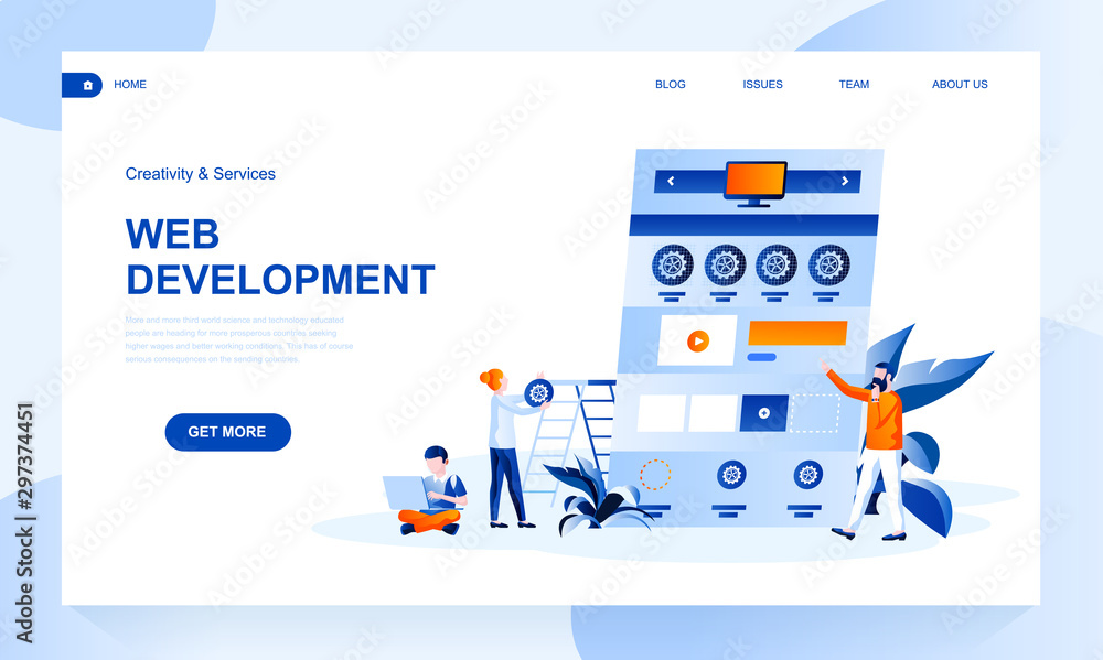 Aufkleber Web development vector landing page template with header. Programme engineering web banner, homepage with flat illustrations