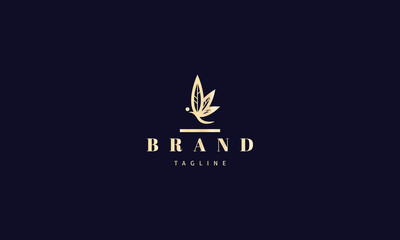 Vector gold logo on which an abstract image of a butterfly whose wings are made in the form of cannabis leaves.