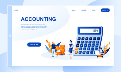 Accounting vector landing page template with header. Bookkeeping web banner, homepage design with flat illustrations
