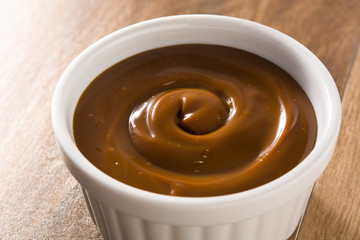 Traditional Latin American dulce de leche or manjar on wooden background.