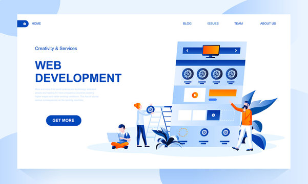 Web development vector landing page template with header. Programme engineering web banner, homepage with flat illustrations