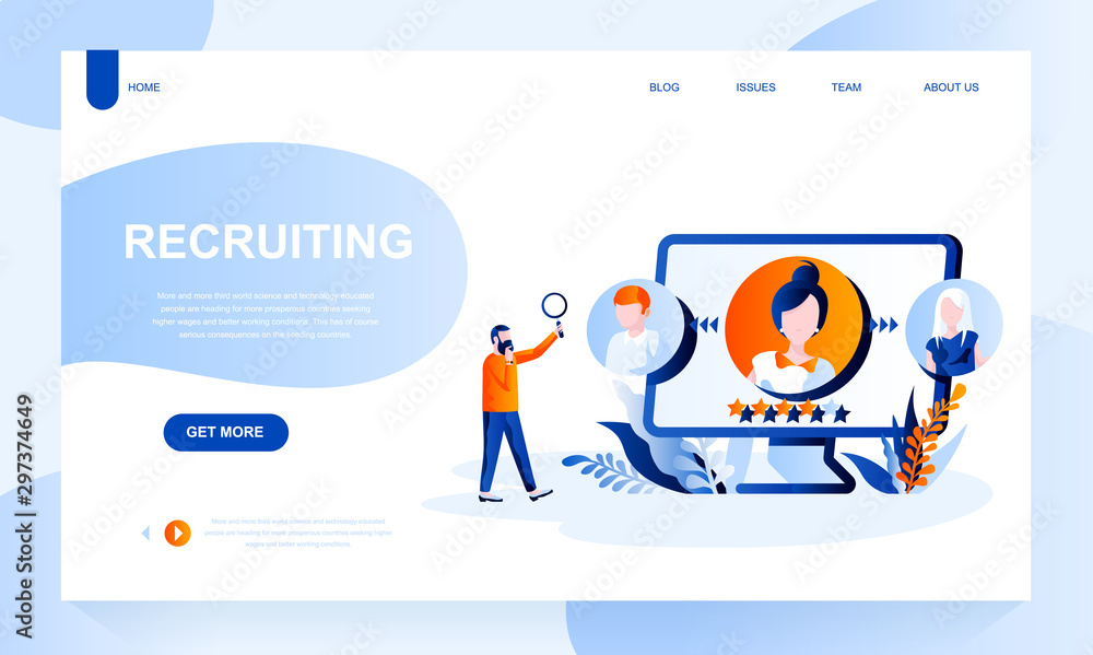 Poster recruiting vector landing page template with header. staff search web banner, homepage design with f